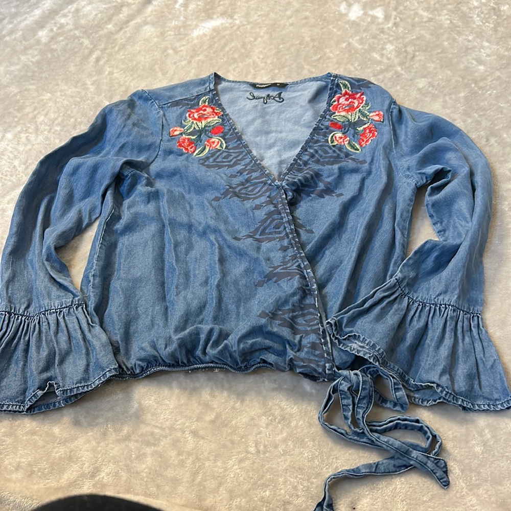 Desigual embroidered denim wrap top